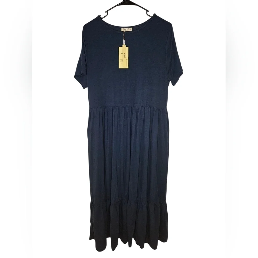 Elegant Navy Blue Maxi Dress With Pockets Size L